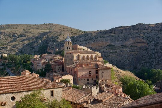 Panoramic view of Albarrac&iacute;n medieval village and cathedral in Arag&oacute;n, Spain