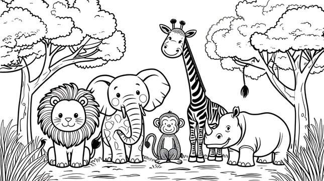 Cute safari animals coloring page for kids, lion elephant monkey giraffe rhino vector line art
