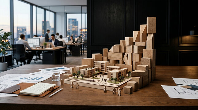 Architectural model with city skyline blocks on a wooden desk in a modern office