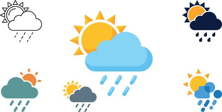 Sun Behind Rain Cloud Icon Set Pack Featuring Flat Outline Glyph and Multi Style Sun shower Weather Design Elements for Applications