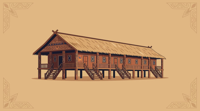 Traditional Longhouse Architecture with Intricate Carvings