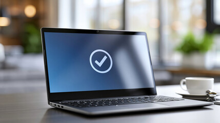 Fototapeta premium Laptop screen showing booking confirmed message with checkmark icon, defocused background, with copy space