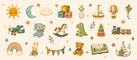 Fototapeta premium Large nursery collection with sun, moon, blocks, toys, animals, transport, rainbow, storybook, teepee, and stars painted in charming watercolor style for baby projects. Vector illustration.