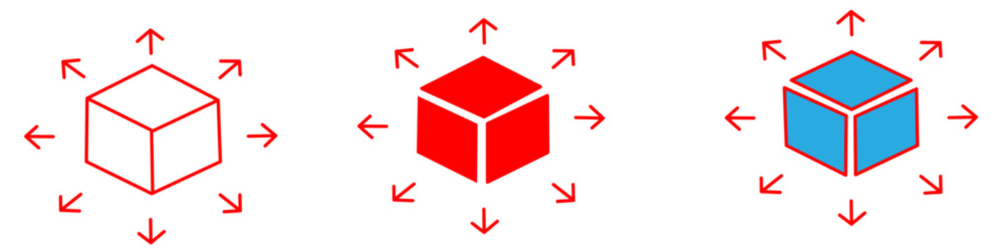Three hand drawn 3d cube icons with red arrows pointing outward in different directions representing expansion growth and multidimensional perspective for business design concepts