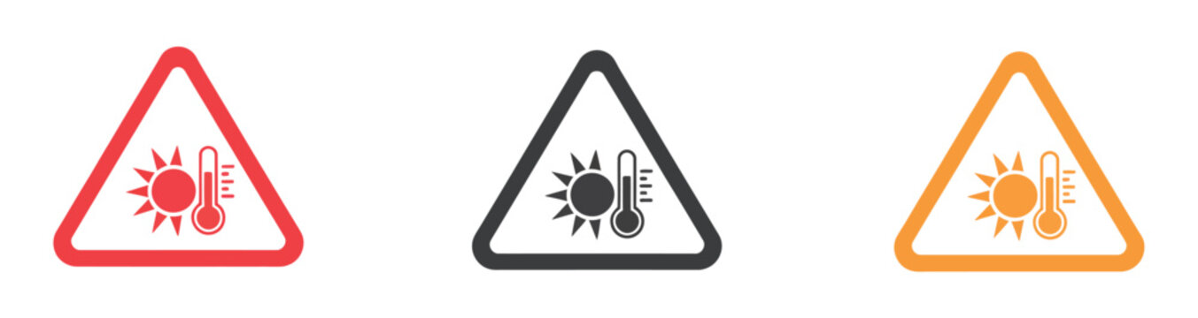 Heat warning sign set, triangular caution symbols featuring extreme temperature alerts, sun and thermometer graphics, hot climate danger indicators and weather safety signals, clean vector illustratio