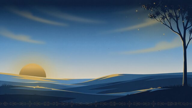 Peaceful desert landscape at dawn or dusk with rolling sand dunes and a lone tree under a clear sky