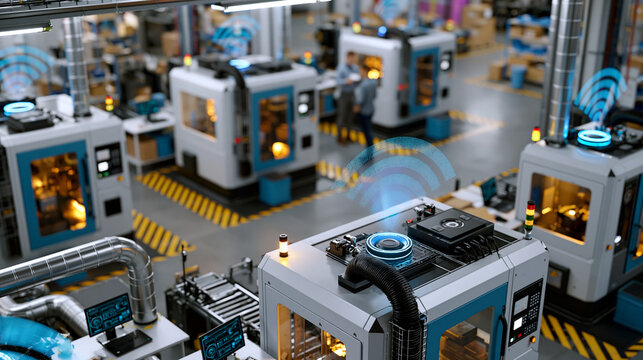 Overhead view of a smart factory with wireless condition monitoring sensors on industrial machines in an organized IoT layout no people