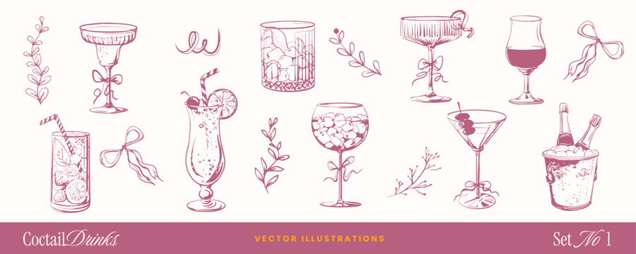 Cocktail glass drink doodle sketch icons with Champagne wine bottle, Wedding Martini glass, ribbons, bows elements. Hand-drawn vintage vector whimsical illustrations for bachelorette party invitation