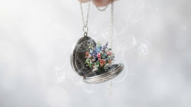 Small bouquet of flowers inside an open locket