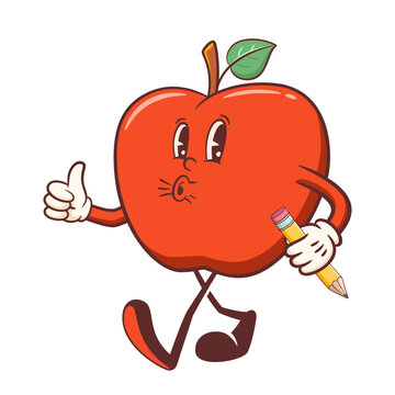 Groovy Back to School Retro Character. Cartoon Apple Walking and Whistling showing Thumbs-up Gesture. Vector Education Mascot Template. Happy Vintage Cool Learning Personage Illustration Isolated