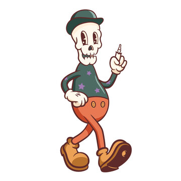 Halloween Groovy Skeleton Retro Character. Cartoon Funny Scull Walking with a Raised Bone Finger wearing Bowler Hat. Vector Autumn Holiday Mascot Template. Happy Vintage Cool Illustration Isolated