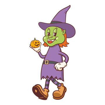 Halloween Groovy Witch with Pumpkin Retro Character Illustration. Cartoon Sorceress Walking with Jack O Lantern and Hat. Vector Autumn Holiday Mascot Template. Happy Vintage Cool Illustration Isolated
