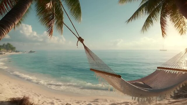 Summer hot vibe lifestyle. A vivid portrayal of a tropical beach scene at sunset. The main subject is a hammock suspended between two tall palm trees, casting a warm glow on the sandy shore.