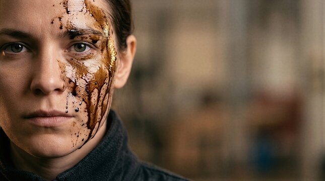 A close-up of a woman's face covered in brown paint.