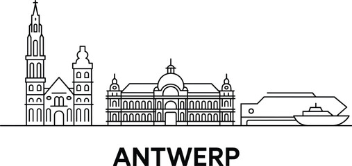 Naklejka premium Antwerp skyline linear vector illustration of the famous cathedral, central station, and port area, representing the iconic cityscape of Belgium Europe
