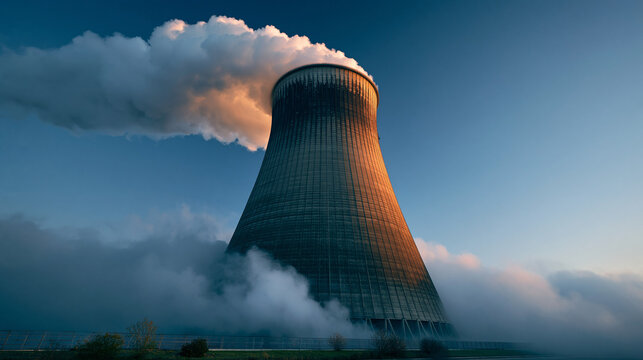 Nuclear power station cooling tower emitting clouds of steam against blue sky.