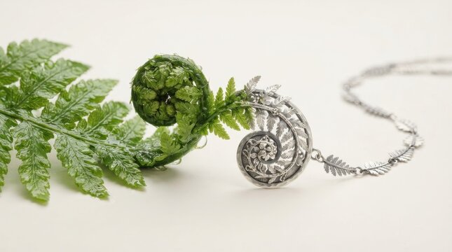 Silver fern pendant necklace with green fern frond