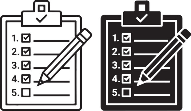 Art & Illustration, A crisp line art vector of a clipboard containing a numbered list alongside a pencil, representing careful organization.