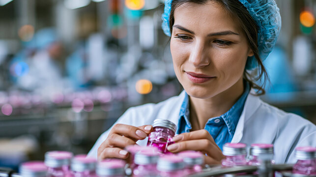 Female quality engineer monitoring machine vision line inspecting cosmetic packaging for accurate bottle orientation and label positioning