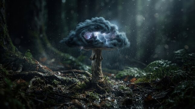 Mushroom with stormy rain cloud and lightning cap in dark forest
