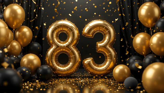 Shiny golden 83 number balloons with confetti and dark balloons over black background, celebration concept.