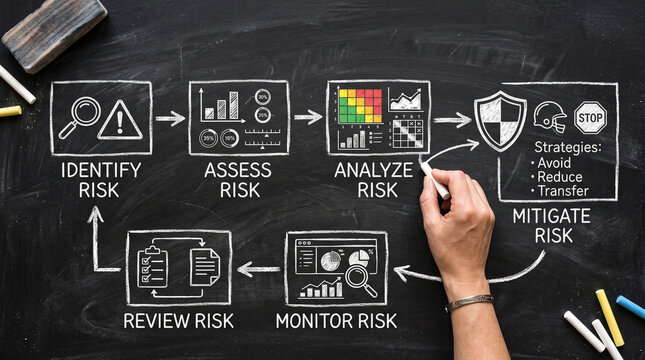Risk management process diagram illustrated on a blackboard. Steps include identify risk, assess risk, analyze risk, mitigate risk, monitor risk, and review risk.
