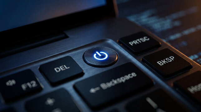 Close-up of a glowing power button on a laptop keyboard, with other keys visible and a hint of code in the background.