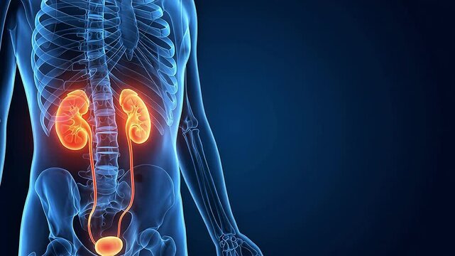 3D Animation of glowing human urinary system with kidneys and bladder in transparent blue body