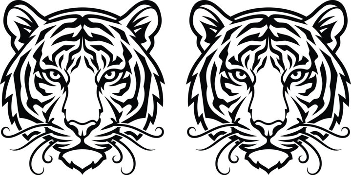 Set of two tiger heads black and white icons with predator illustration portrait
