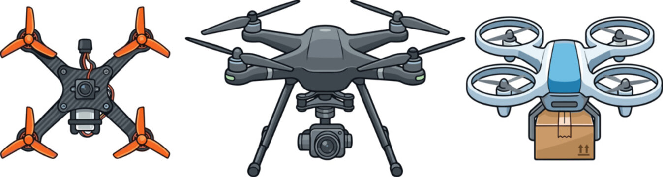 Unmanned Aerial Vehicle Drones Vector Illustration Set Featuring FPV Racing Drone Camera Quadcopter and Cargo Delivery Drone with Package for Technology UX UI Graphic DesignsUnmanned Aerial Vehicle Dr