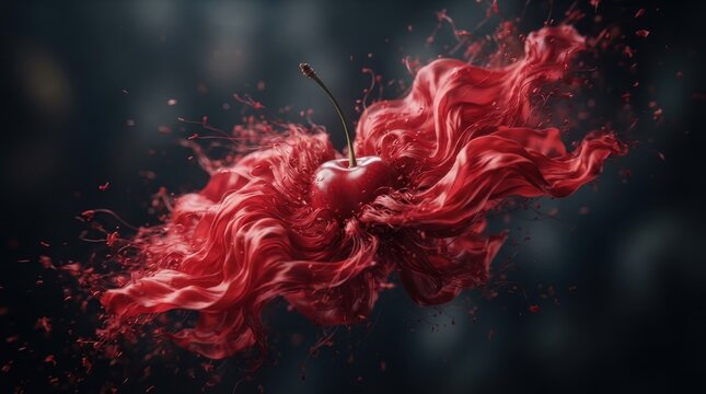 Fresh red cherry with abstract flowing liquid splash