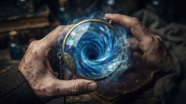 Elderly hands holding an antique pocket watch with a swirling magical portal