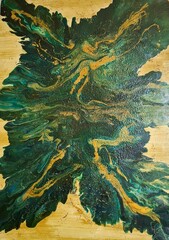 Fototapeta premium Pintura Abstrata Fluida em Tons de Verde e Dourado com Efeito de Mineral e Pedra Preciosa