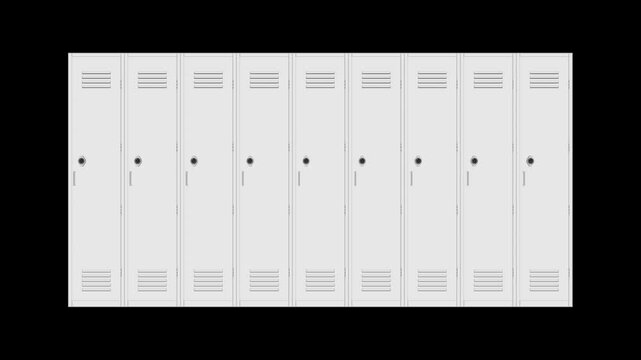 Animation of a single-tier metal locker with doors opening and closing on alpha channel black background.