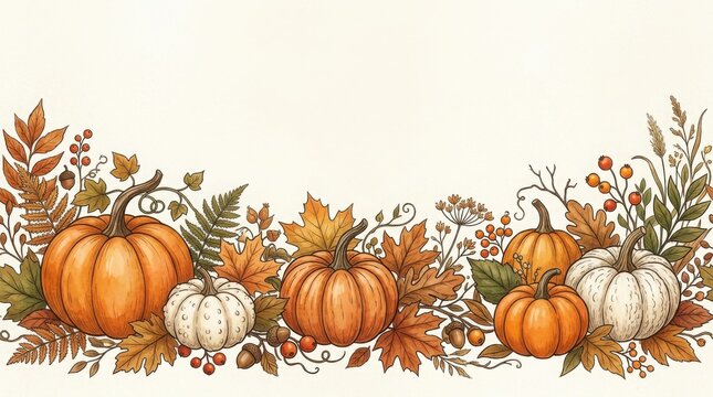 Halloween autumn pumpkins and leaves border illustration