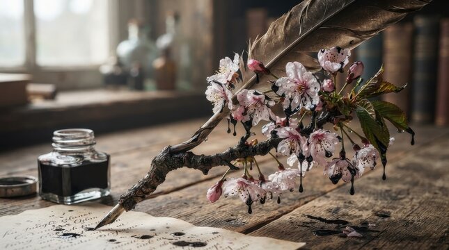 Quill pen made from cherry blossom branch with ink