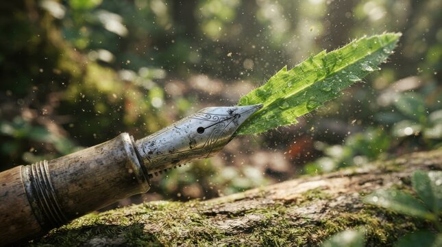 Fountain pen nib shaped like a green leaf in nature