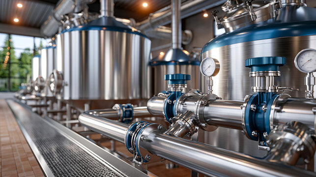 CIP cleaning in a dairy plant with polished hygienic tanks and piping system, industrial food production maintenance setup for sanitary hygiene