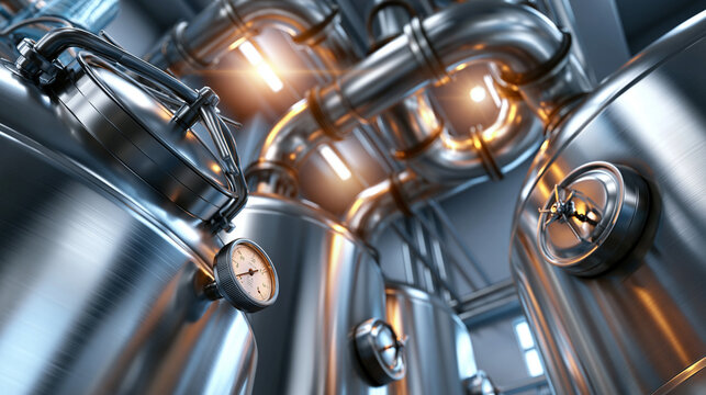 CIP cleaning in a beverage and dairy plant with polished stainless tanks, hygienic piping and visible maintenance setup in an industrial food production setting