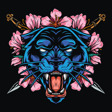 Black panther art with flowers