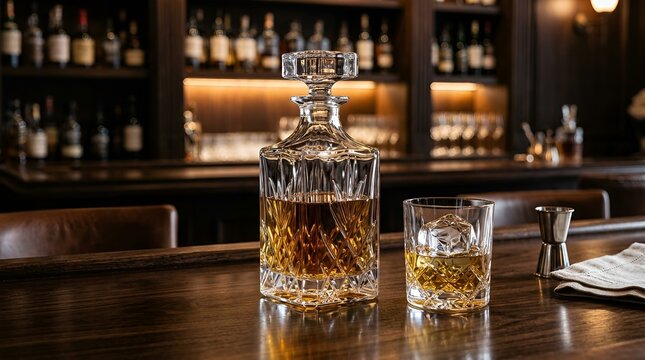 Luxurious Crystal Decanter and Whiskey Glass with Amber Drink on Bar