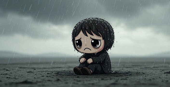 Sad cartoon character sits alone on wet ground under heavy rain. Small person wears black clothes feeling deep depression, hopelessness. Cute chibi boy experiences mental health issues stress anxiety