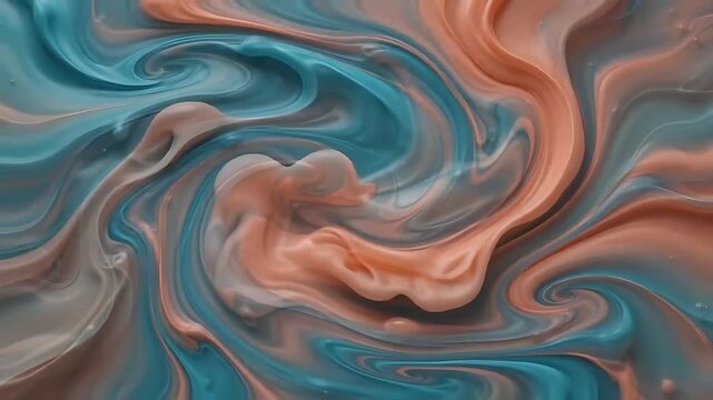 Abstract Swirling Liquid Motion Background with Teal and Salmon Peach Paint Mixing in Fluid Waves