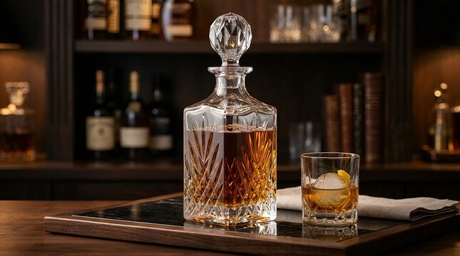 Luxury Whiskey Decanter and Glass on Bar Shelf with Alcohol Bottles Background