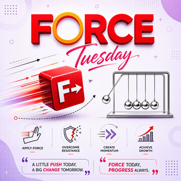 Force tuesday concept with 3d cube and newtons cradle symbolizing physics principles of motion energy impact and growth.