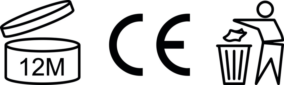 Set of black product packaging compliance and recycling symbols featuring 12 months period after opening, CE mark, and tidyman trash icon vector illustration