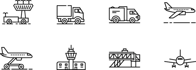 Fototapeta premium Airport ground support equipment and aviation icon set, airplane logistic service lineart vector illustration