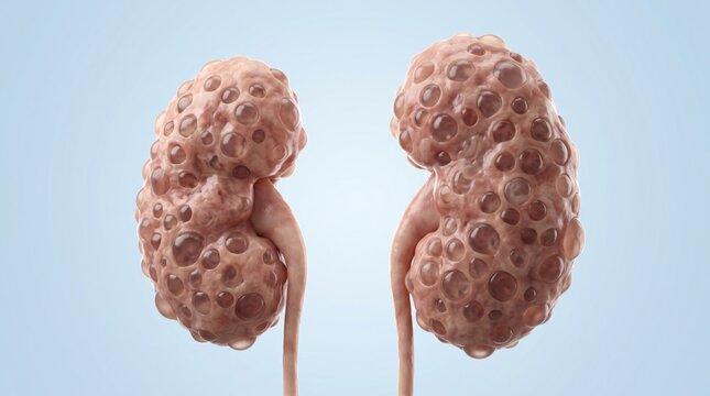 Polycystic kidney disease shown in premium clinical CGI. Multiple cysts enlarge both kidneys and create clear hereditary kidney disorder concept