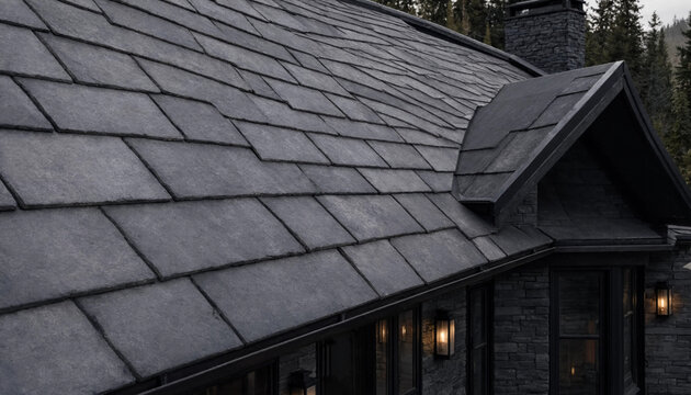Dark grey slate roof on a modern house with a dormer window, featuring black metal gutters and warm glowing lights at dusk in the forest