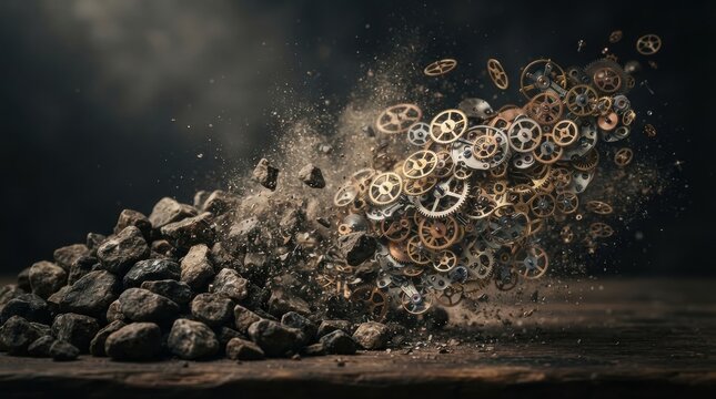 Clockwork gears and debris exploding from stone pile